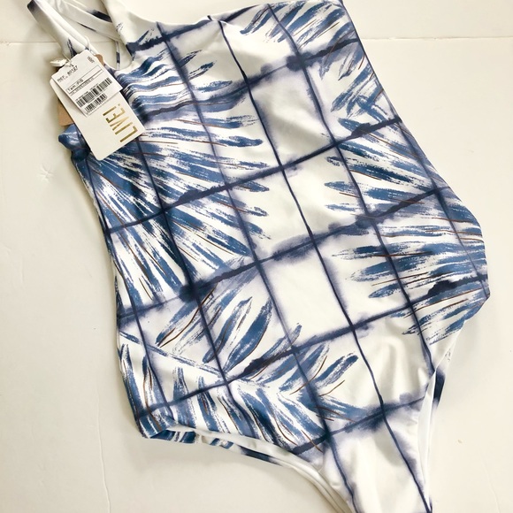 LIVE One Shoulder One Piece Bikini Swim Blue and White Abstract Print size small - Picture 2 of 11